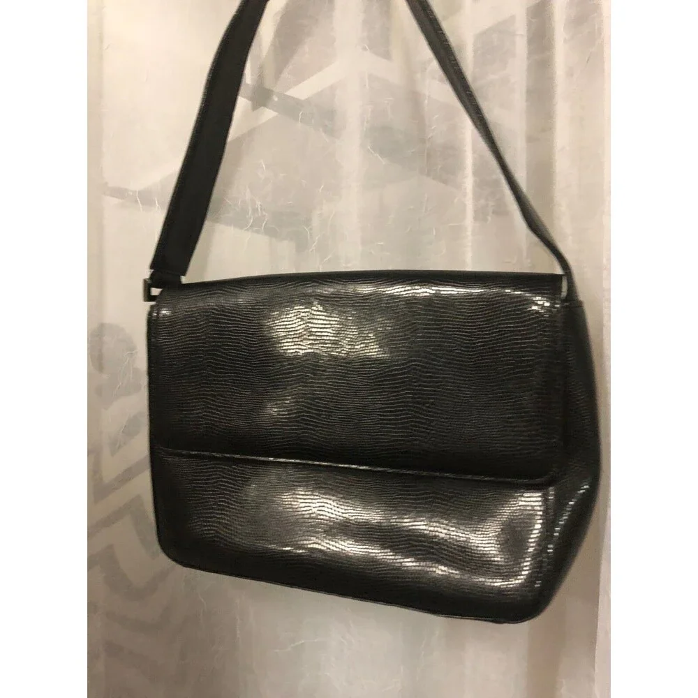 M. London Women's Vintage Handbag Black Leather Croc Embossed Purse